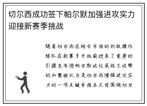 切尔西成功签下帕尔默加强进攻实力迎接新赛季挑战