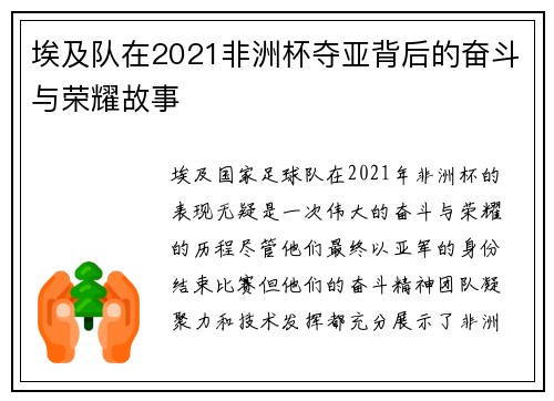 埃及队在2021非洲杯夺亚背后的奋斗与荣耀故事 埃及队在2021非洲杯夺亚背后的奋斗与荣耀故事
