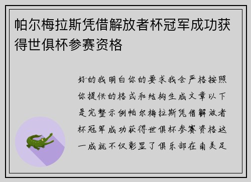 帕尔梅拉斯凭借解放者杯冠军成功获得世俱杯参赛资格